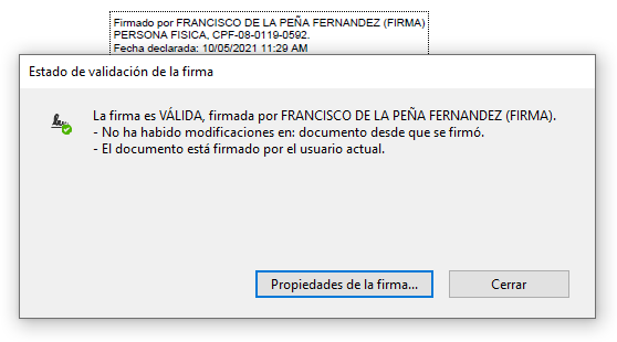 Pantallazo que muestra la ventana que se abre al hacer clic sobre el recuadro de la firma visible del documento cuya ventan se titula 'Estado de validación de la firma' y contiene un botón con el texto 'Propiedades de la firma'