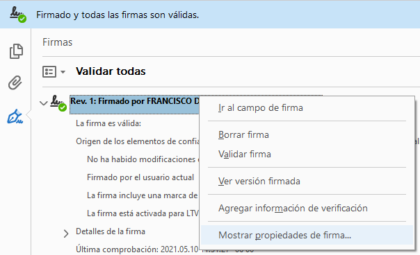 Pantallazo que muestra el panel de firmas y el menú contextual sobre la firma desplegado opciones, donde la última muestra la opción 'Mostrar propiedades de firma'